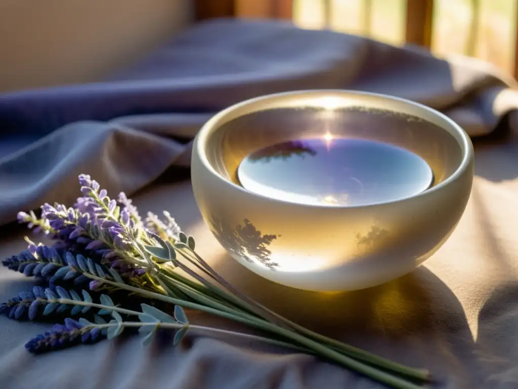 Cuenco de cuarzo para armonización, descansando en lavanda y salvia, bañado por luz dorada y creando un ambiente de paz y pureza natural