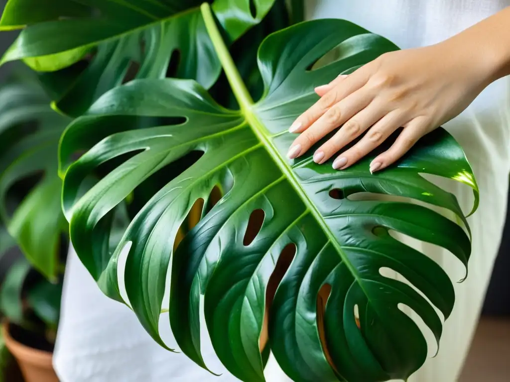 Un cuidado delicado para la planta Monstera, evocando tranquilidad y mindfulness