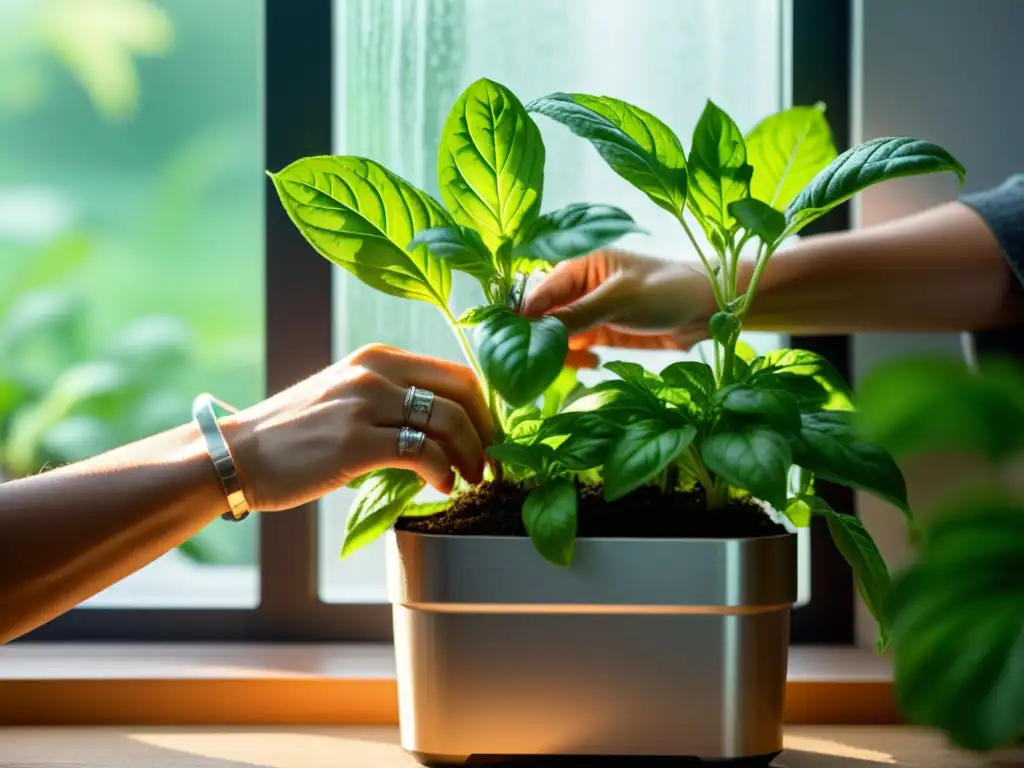 Un cuidadoso y detallado cuidado de una planta de albahaca