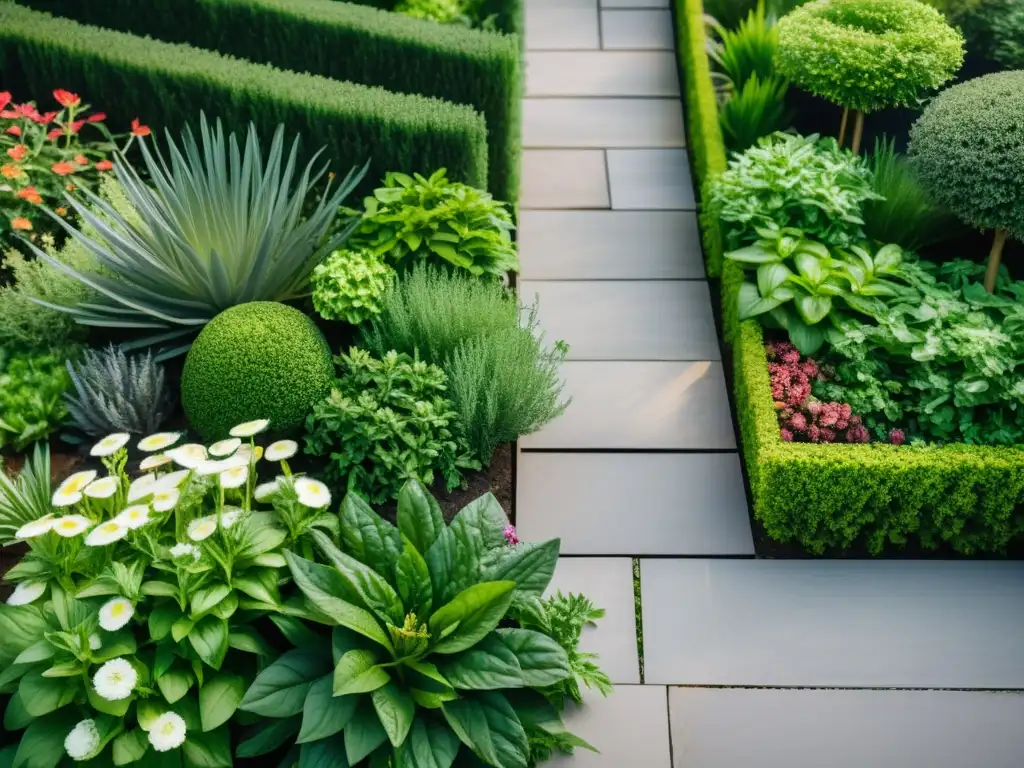 Cultivo de hierbas en jardín Feng Shui con armonía y equilibrio entre senderos, piedras y vegetación exuberante bajo la suave luz del sol