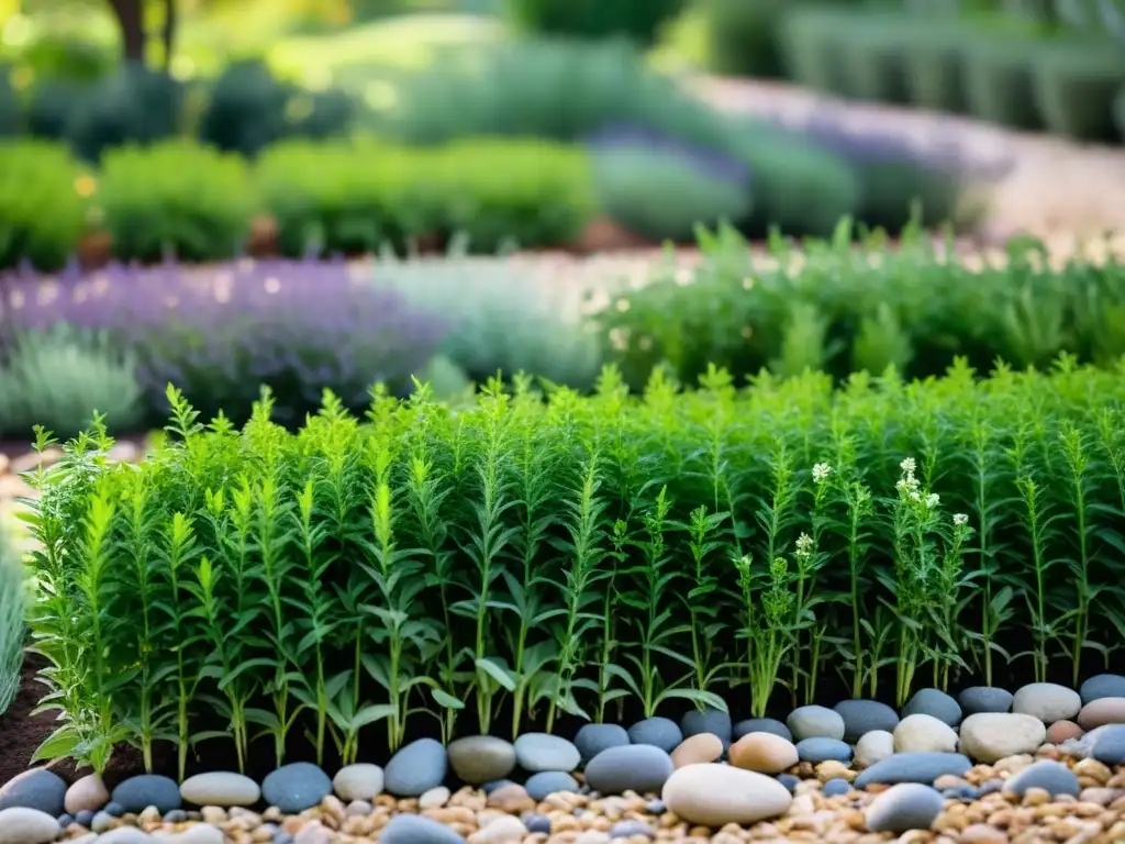 Cultivo de hierbas en jardín Feng Shui: escena serena con filas de hierbas verdes, piedras y sol filtrándose entre las hojas