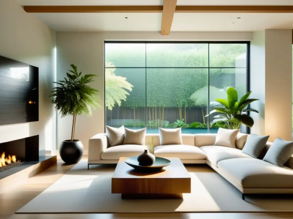 Decoraciones feng shui para hogar: Sala minimalista con luz natural, plantas, arte simétrico y armonía