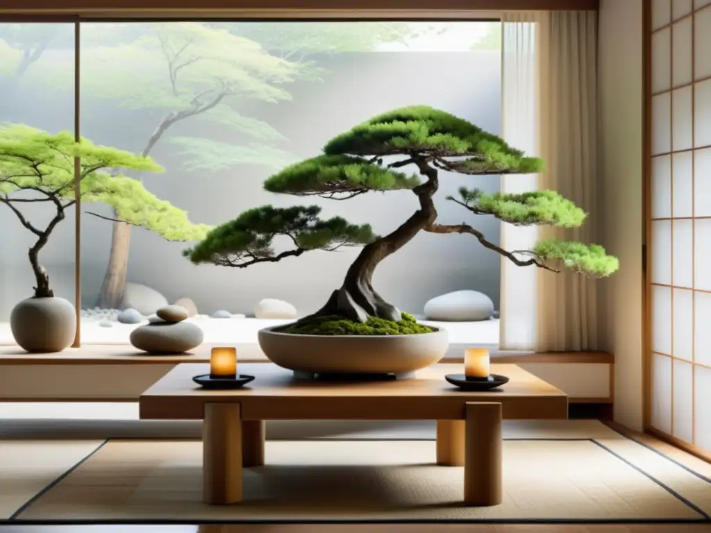 Decoraciones feng shui para hogar: Sala minimalista y tranquila con mesa japonesa de madera, bonsái, velas y armonía natural