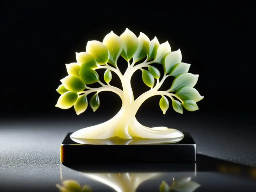 Una delicada figura del 'Árbol de la Vida en Feng Shui', esculpida en jade, iluminada suavemente, en un fondo negro