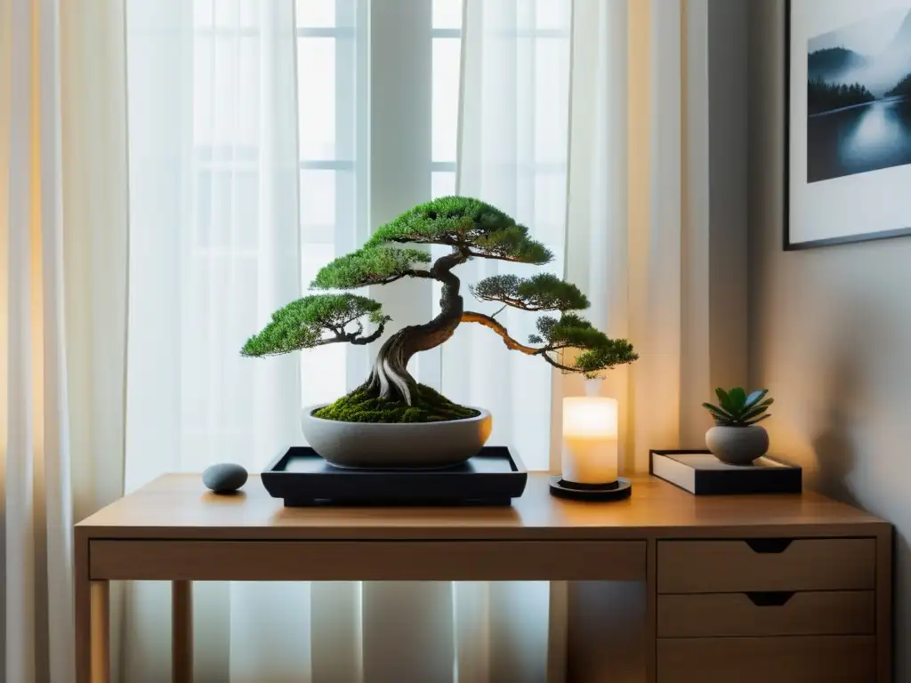 Feng Shui para reducir desechos: Espacio de trabajo sereno y minimalista con decoración cuidadosamente seleccionada y luz natural filtrada