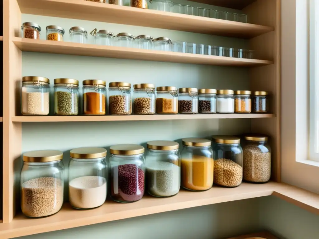 Un despensa minimalista con estantes organizados, frascos de vidrio, especias coloridas y telas dobladas en tonos pastel, bañados por la luz natural