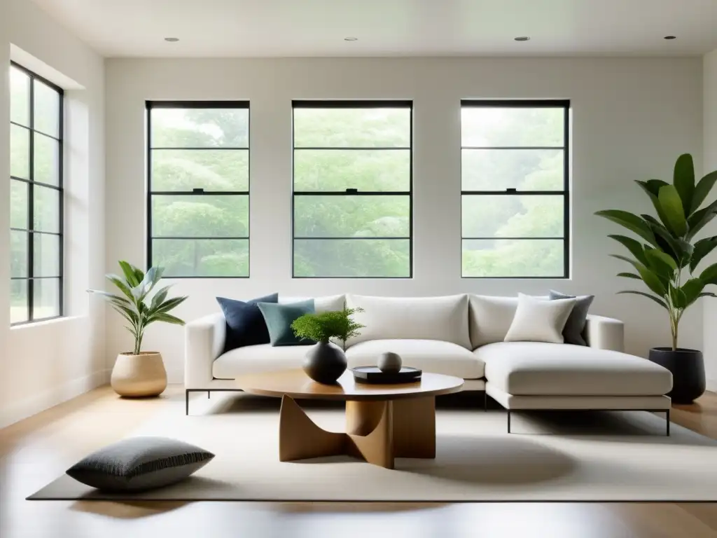 Salón Feng Shui antes y después: Espacio sereno con diseño minimalista, luz natural y toques de verde en la decoración