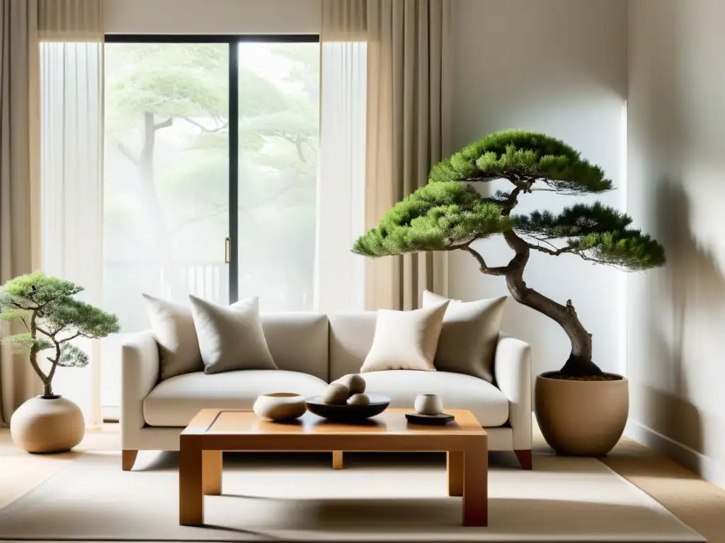 Salón Feng Shui antes y después: Espacio sereno con luz natural, mesa de café de madera, bonsái y sofá neutro acogedor