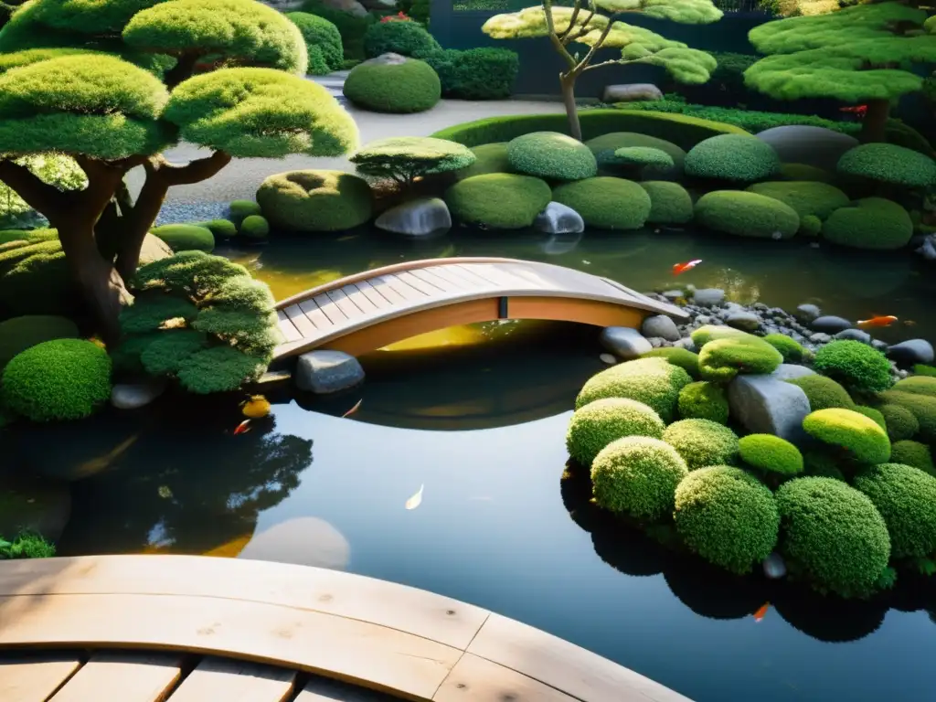 Una fotografía detallada de un sereno jardín japonés con equilibrio entre espacios abiertos y cerrados