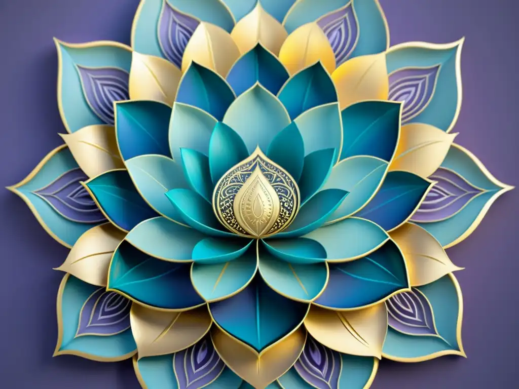 Detallado mandala en tonos azul, turquesa y lavanda con patrones simétricos de flores de loto y formas geométricas, ideal para meditación y decoración