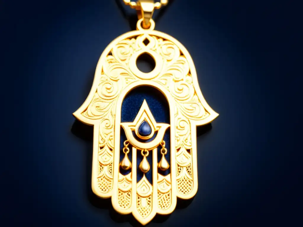 Detalle de un amuleto de mano Hamsa de plata sobre terciopelo azul