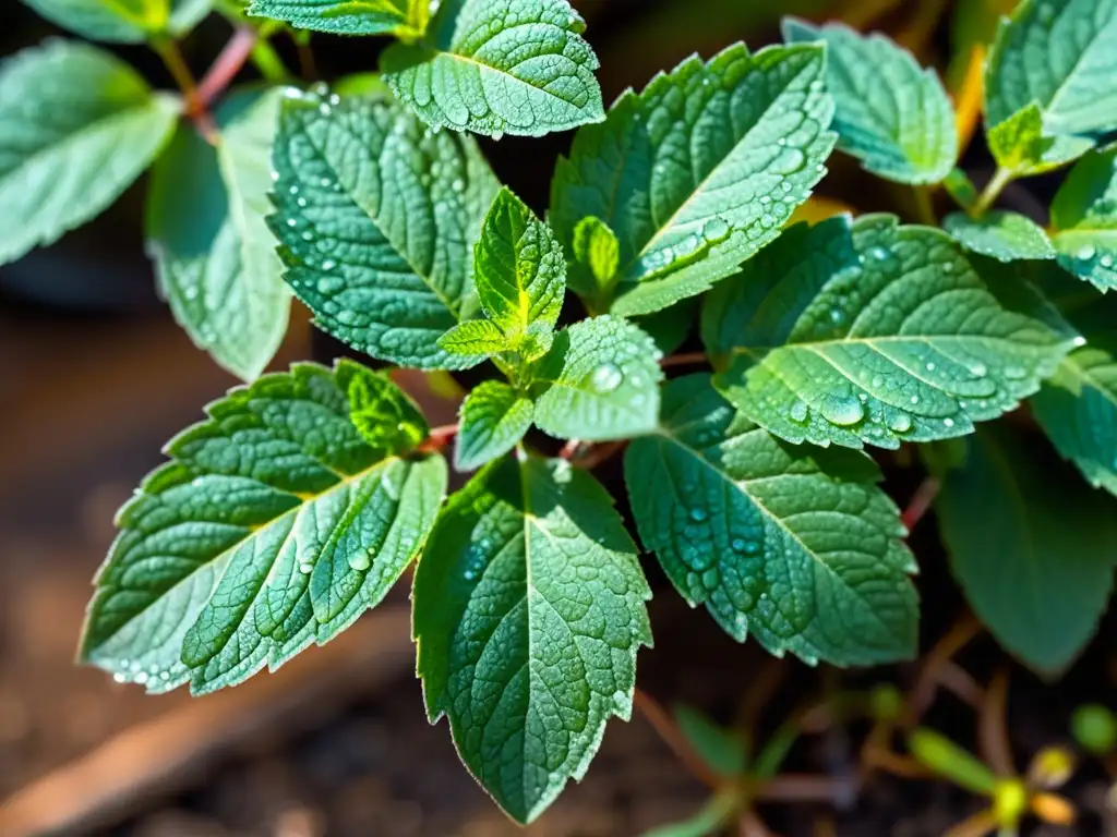 Detalle de una exuberante planta de menta con gotas de rocío, resaltando su belleza natural