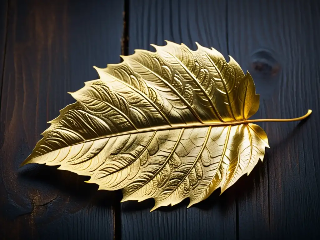 Detalle de hoja de oro brillante sobre superficie de madera rica