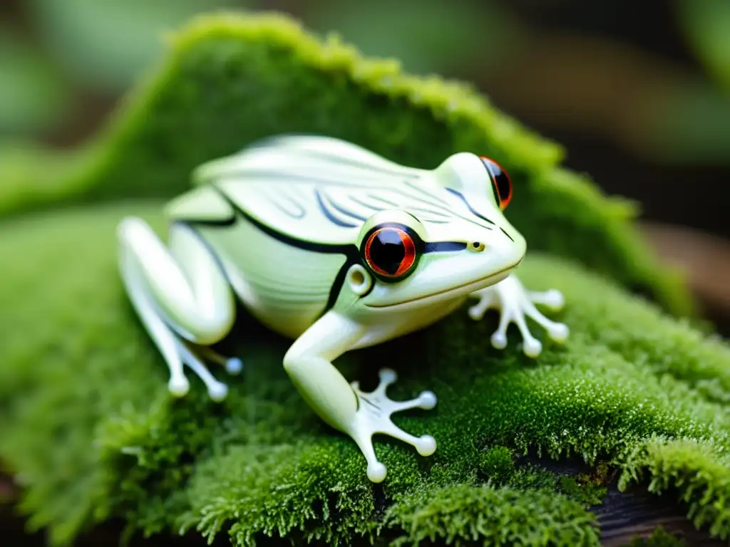 Detalle impresionante de un amuleto de rana de tres patas en madera sobre musgo verde vibrante, evocando tranquilidad y conexión con la naturaleza