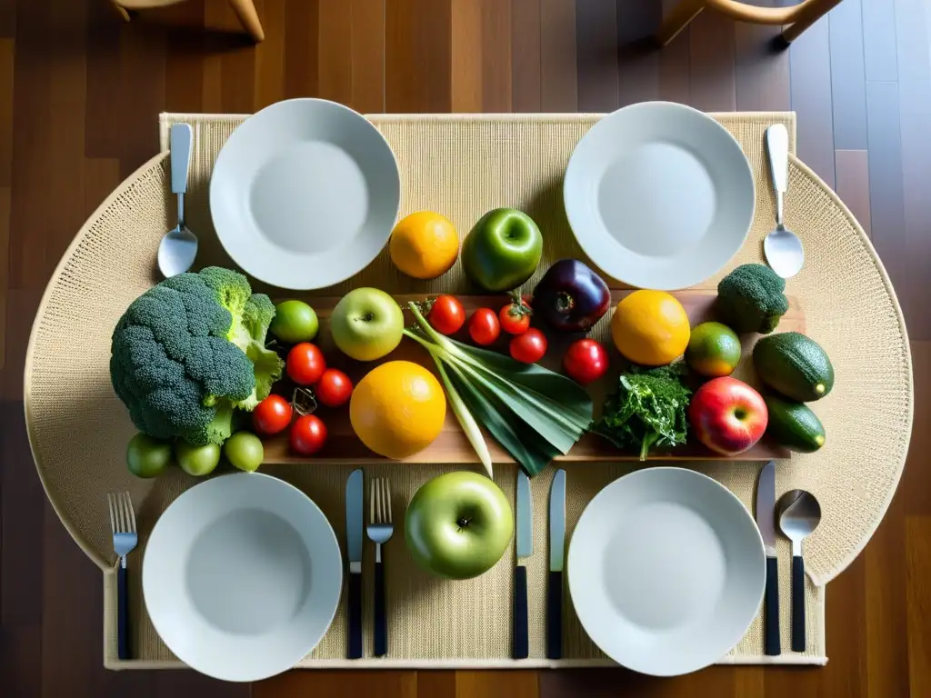 Detalle de mesa de madera con selección de frutas y verduras, evocando abundancia y equilibrio en armonía con el Feng Shui