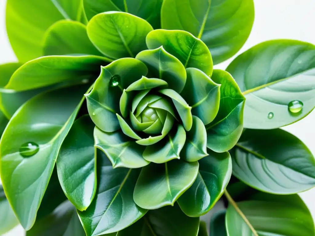 Detalle de planta de jade verde exuberante con hojas brillantes en espiral sobre fondo blanco