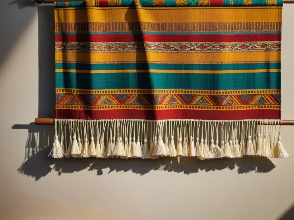 Detalle de textil artesanal con impacto en feng shui, colores vibrantes y patrones intrincados, iluminado por la suave luz del sol