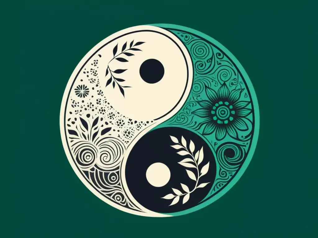 Detalle de un yin yang con patrones chinos inspirados en la naturaleza y el enfoque holístico de salud Feng Shui