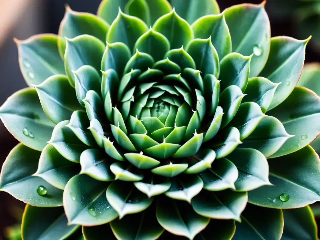 Detalles increíbles de una suculenta verde con gotas de agua