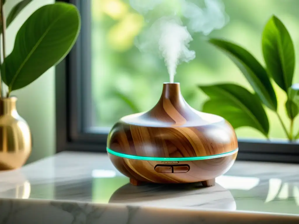 Un difusor de aceites esenciales de madera con combinaciones mágicas aceites esenciales Feng Shui, rodeado de exuberante vegetación y luz natural