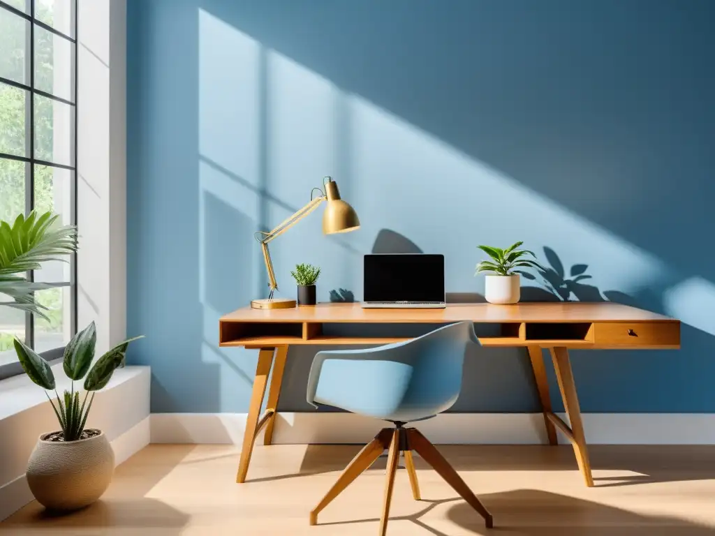 Diseño de oficina Feng Shui: Amplia oficina minimalista con escritorio de madera, decoración sencilla y ambiente tranquilo