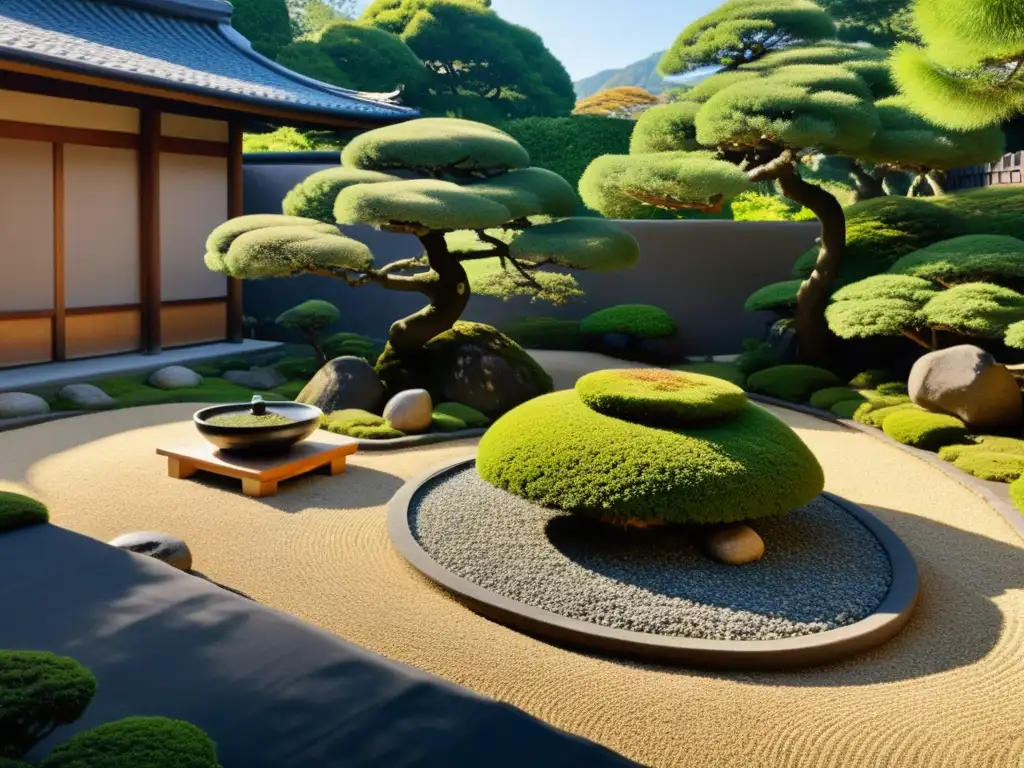 Diseño de jardín con Feng Shui: Un apacible jardín japonés con rocas, bonsáis y un tranquilo arroyo, bañado por la luz del sol