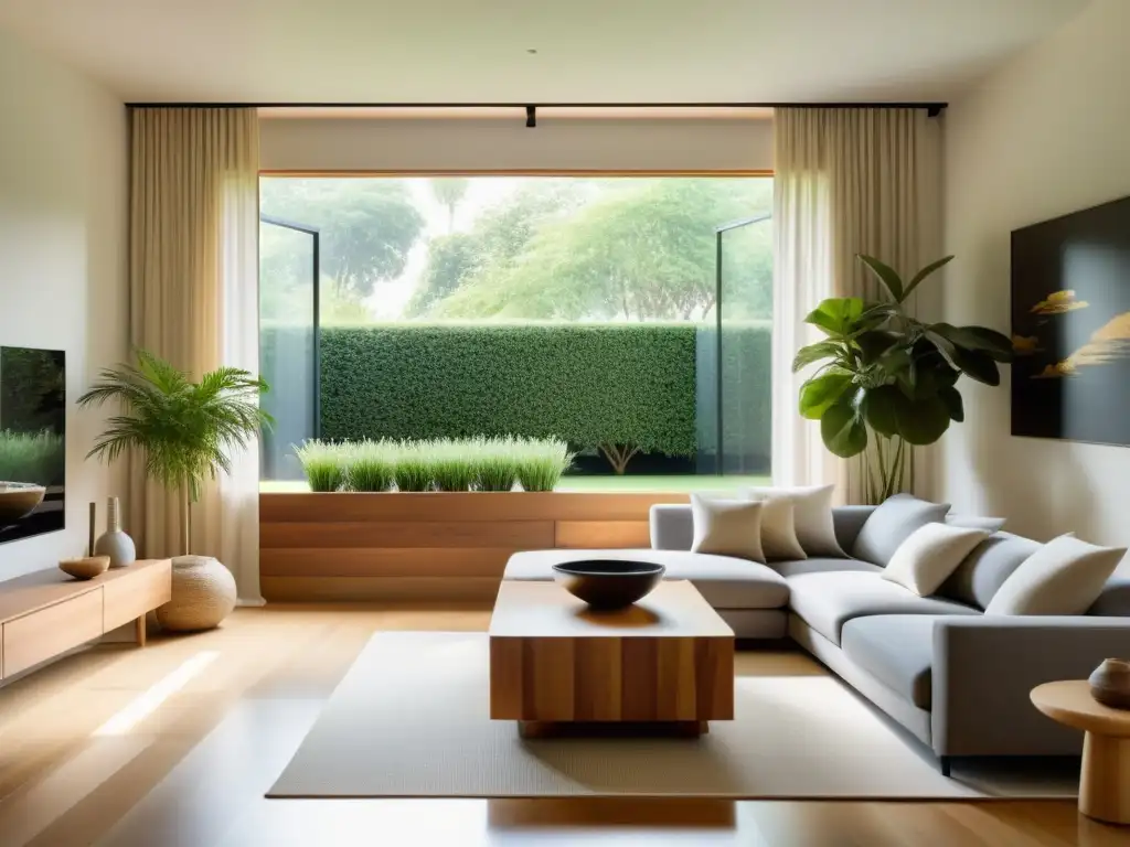 Salón minimalista con Feng Shui para armonía y tranquilidad Diseño armonioso con Feng Shui: Sala minimalista con muebles de madera, tonos neutros y elementos Feng Shui, iluminada por luz natural