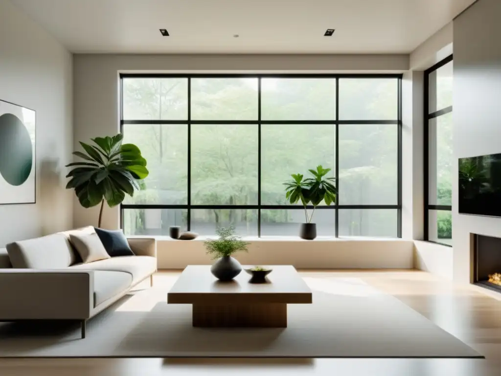 Serenidad minimalista con ventana panorámica y toque verde Diseño armonioso con Feng Shui: Sala minimalista con ventana de piso a techo, muebles simples y planta verde en mesa moderna