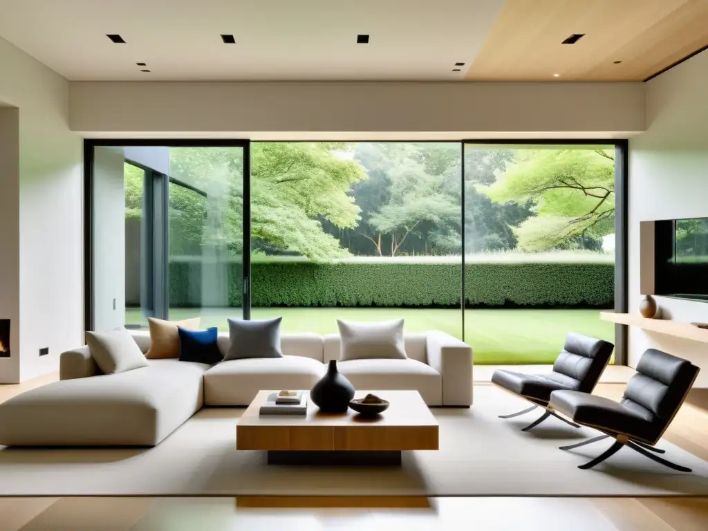 Sala de estar serena y minimalista con armonía Feng Shui Diseño armonioso con Feng Shui: Sala de estar minimalista y serena con muebles equilibrados y luz natural, integrada con un jardín tranquilo