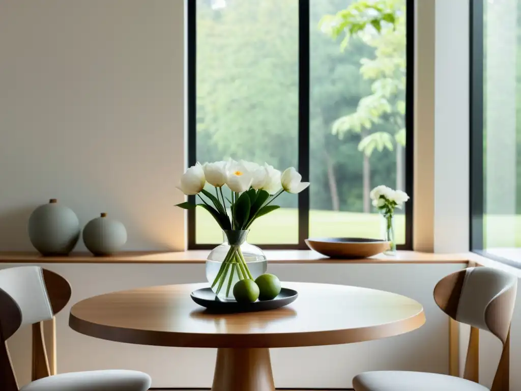 Diseño armonizado comedor Feng Shui: Espacio minimalista con mesa redonda de madera, vajilla blanca, cubiertos elegantes y flor central