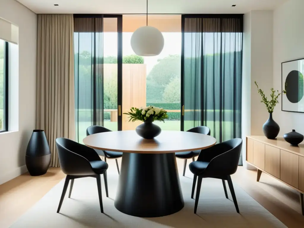 Diseño armonizado comedor Feng Shui: Minimalista comedor con mesa redonda de madera, sillas negras y luz natural suave