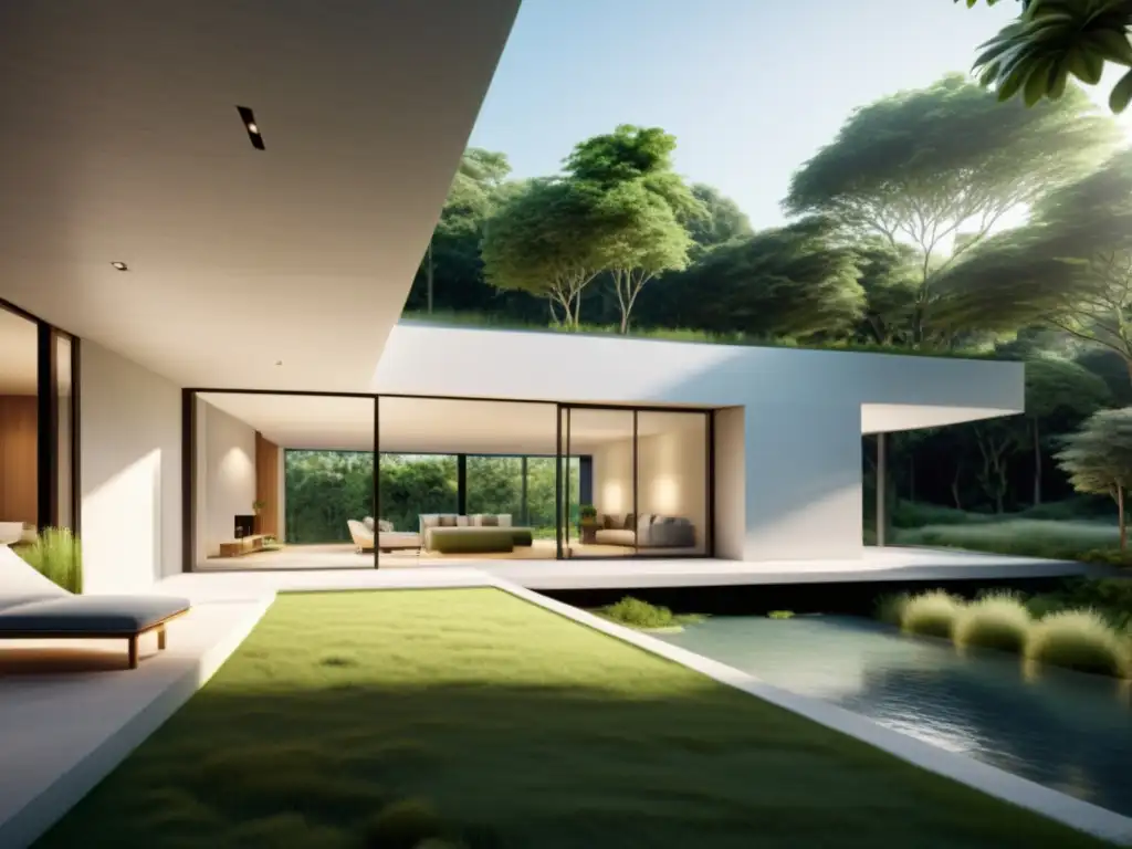 Diseño arquitectónico con Feng Shui: Espacio minimalista con líneas limpias, agua tranquila y vegetación, bañado en luz natural