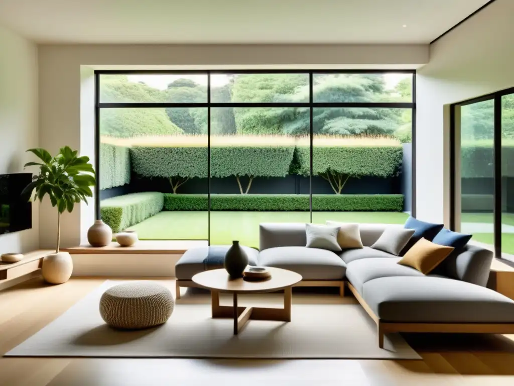 Diseño arquitectónico con Feng Shui: Sala minimalista serena con vista al jardín, mobiliario elegante y armonía natural