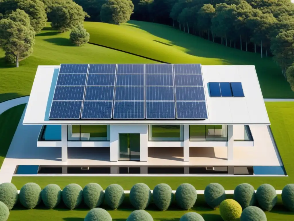 Un diseño arquitectónico moderno y minimalista incorpora elementos de energía renovable como paneles solares y turbinas eólicas