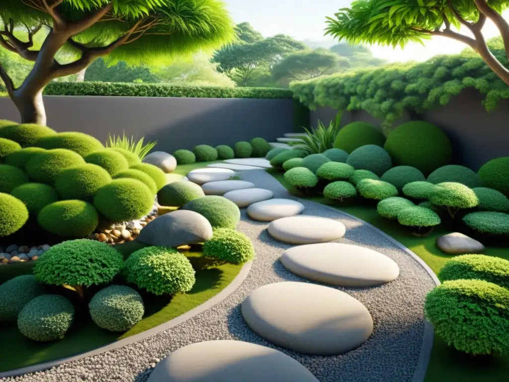 Diseño de caminos de jardín Feng Shui: Sendero de jardín zen sereno entre exuberante vegetación, rocas y faroles de piedra