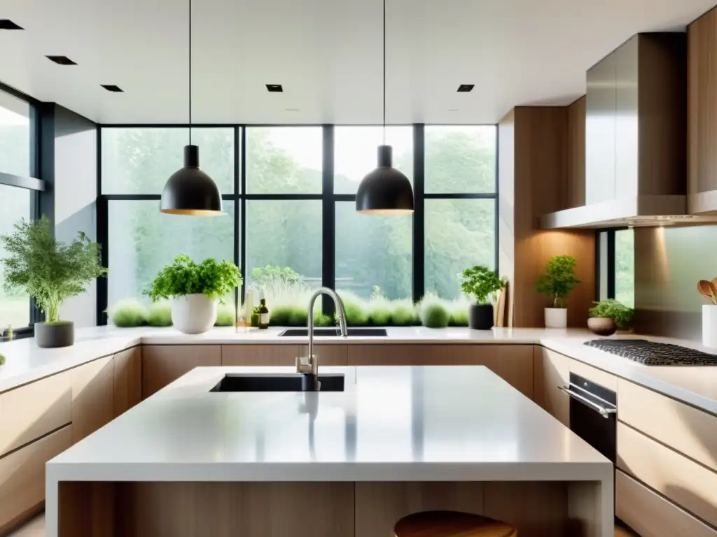 Diseño de cocinas según Feng Shui: Cocina amplia y minimalista con luz natural, plantas y armonía