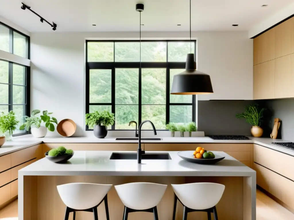 Diseño de cocinas según Feng Shui: Cocina minimalista con luz natural, plantas y utensilios, crea armonía y tranquilidad