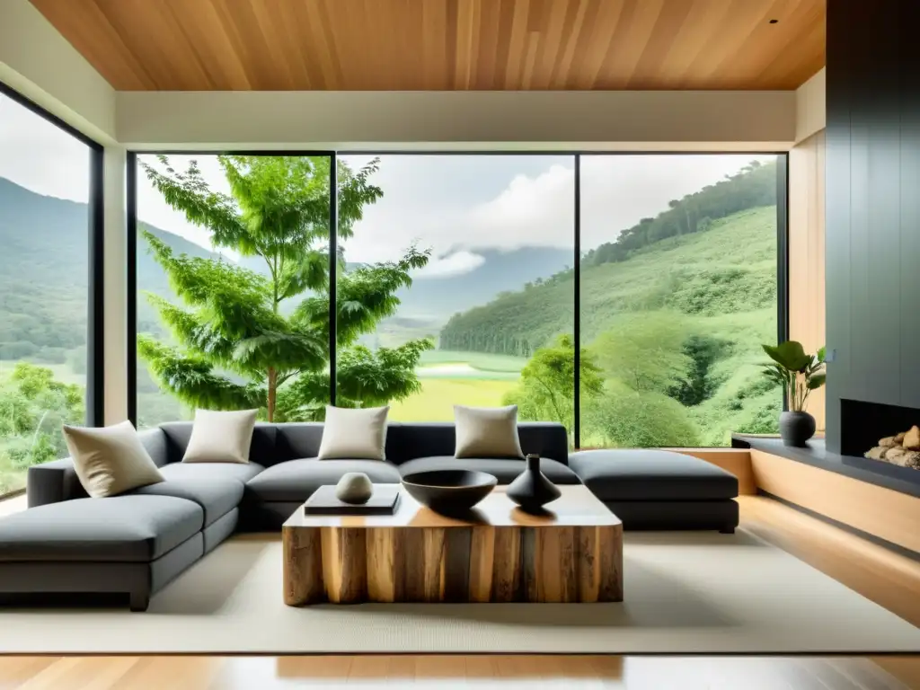 Diseño consciente con materiales sustentables: Sala minimalista con vistas a la naturaleza, muebles elegantes y ambiente armonioso