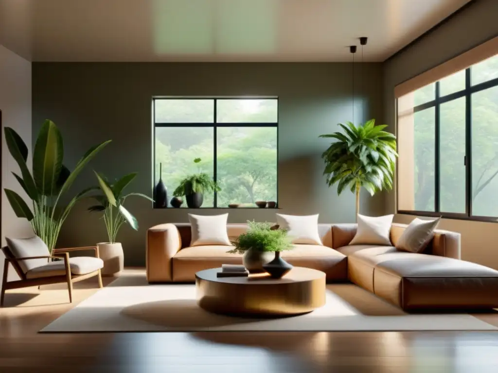 Diseño consciente con materiales sustentables: Sala minimalista con tonos terrosos, luz natural y decoración ecológica