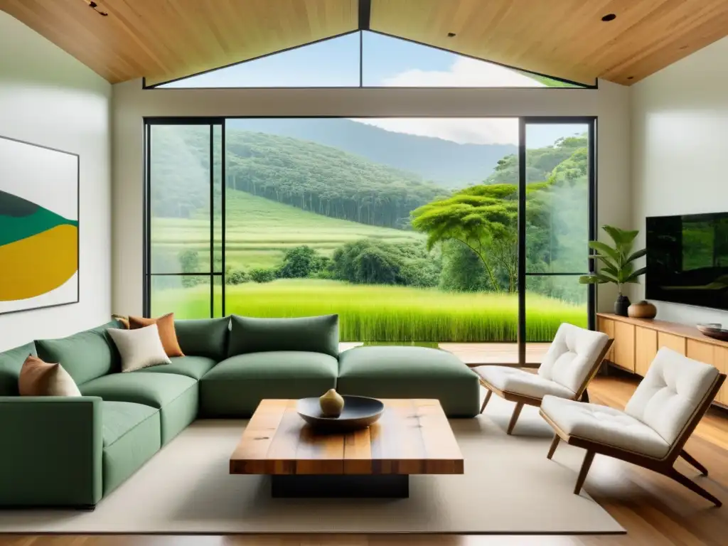 Diseño consciente con materiales sustentables: Sala minimalista con vista panorámica a exuberante paisaje verde, muebles naturales y luz natural