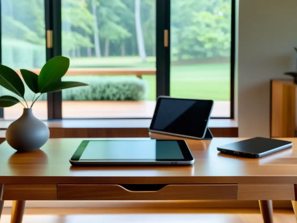 Diseño dispositivos electrónicos Feng Shui: Smartphone y tablet minimalistas en armonía con ambiente sereno y equilibrado de madera y luz natural