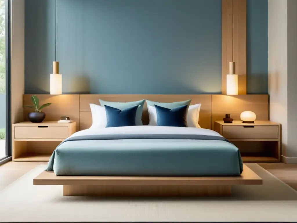 Diseño de dormitorios según Feng Shui: Dormitorio minimalista con cama baja de madera clara, tonos suaves y armonía serena