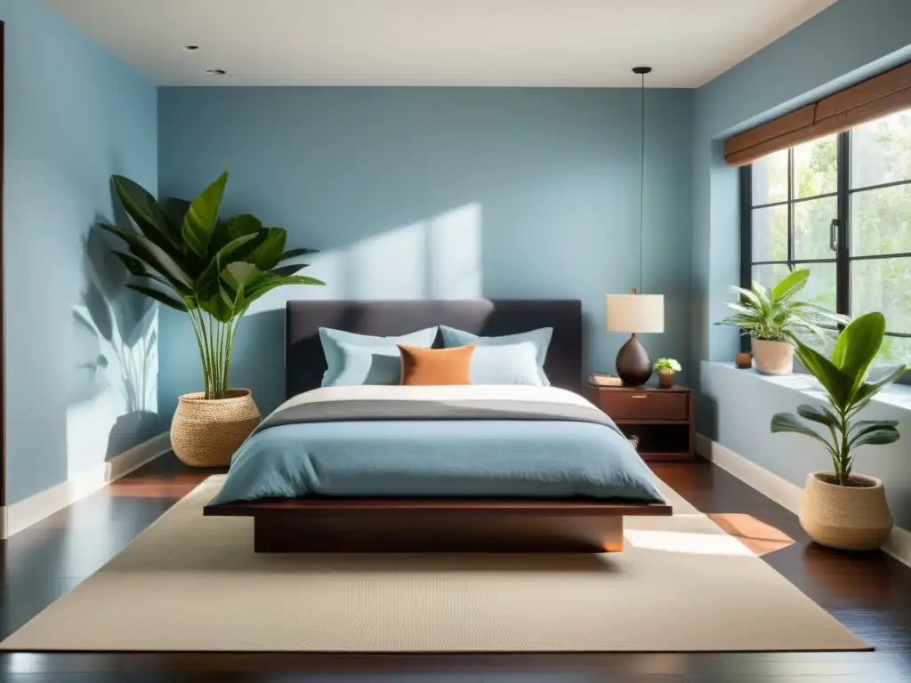 Diseño de dormitorios según Feng Shui: Sereno dormitorio con cama de madera oscura, ropa de cama neutra, luz natural y toques de vegetación