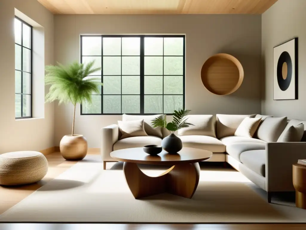 Diseño ecofriendly con Feng Shui: Sala minimalista con elementos naturales y calidez en tonos neutros, armoniosa y serena