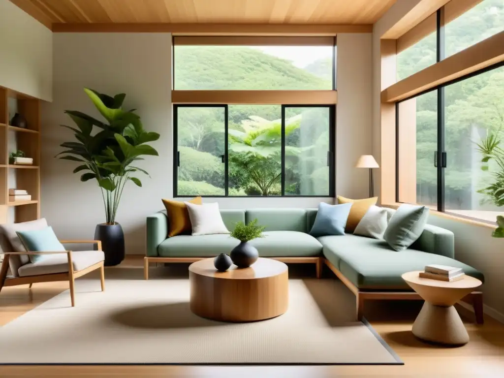 Diseño ecofriendly con Feng Shui: Sala minimalista con luz natural, tonos terrosos y muebles de madera sostenible