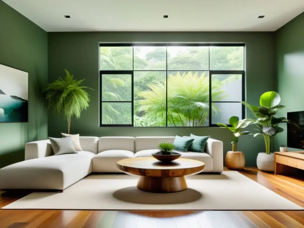 Diseño ecofriendly con Feng Shui: Sala minimalista con materiales naturales, luz natural y armonía verde