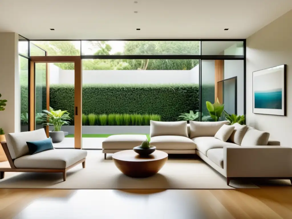 Diseño ecofriendly con Feng Shui: Sala minimalista con muebles sostenibles, ventanales y jardín exterior exuberante