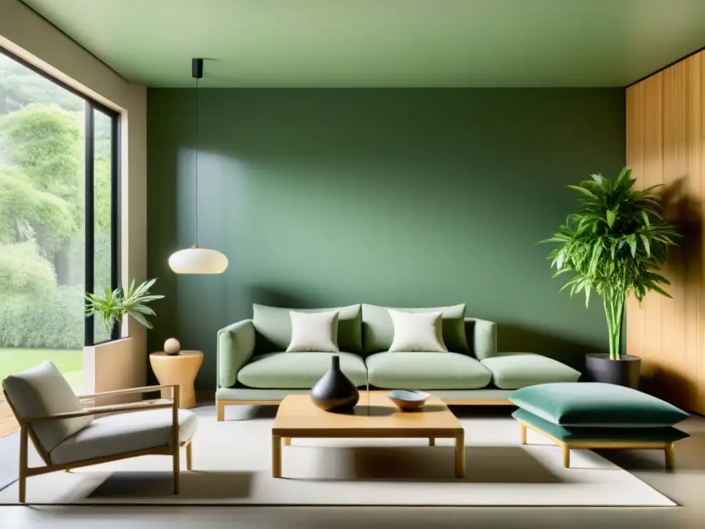 Diseño ecofriendly con Feng Shui: Sala minimalista con vista a jardín, muebles sostenibles y atmósfera tranquila