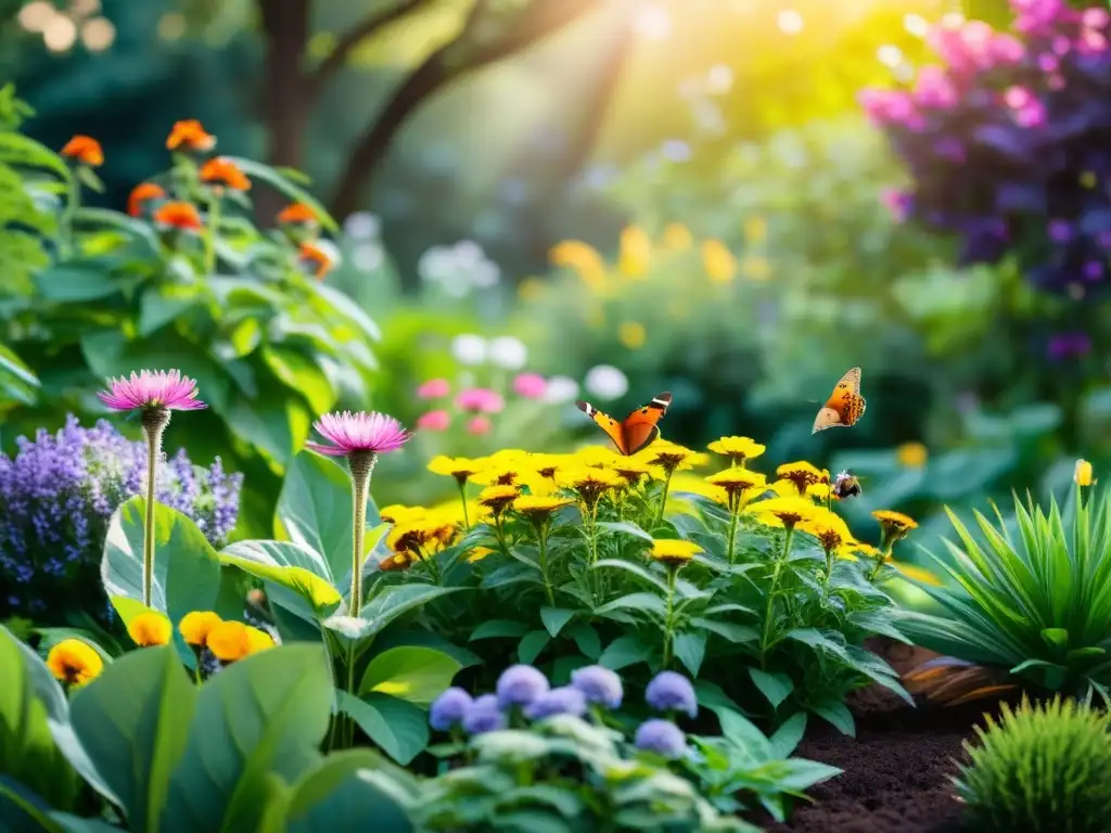 Biodiversidad en el diseño del jardín: un ecosistema armonioso con flores coloridas, abejas y mariposas, irradiando tranquilidad y belleza natural