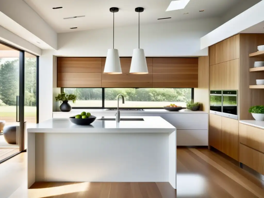 Diseño de cocina Feng Shui con elegancia moderna, luminosidad y armonía en blanco, acero inoxidable y madera natural